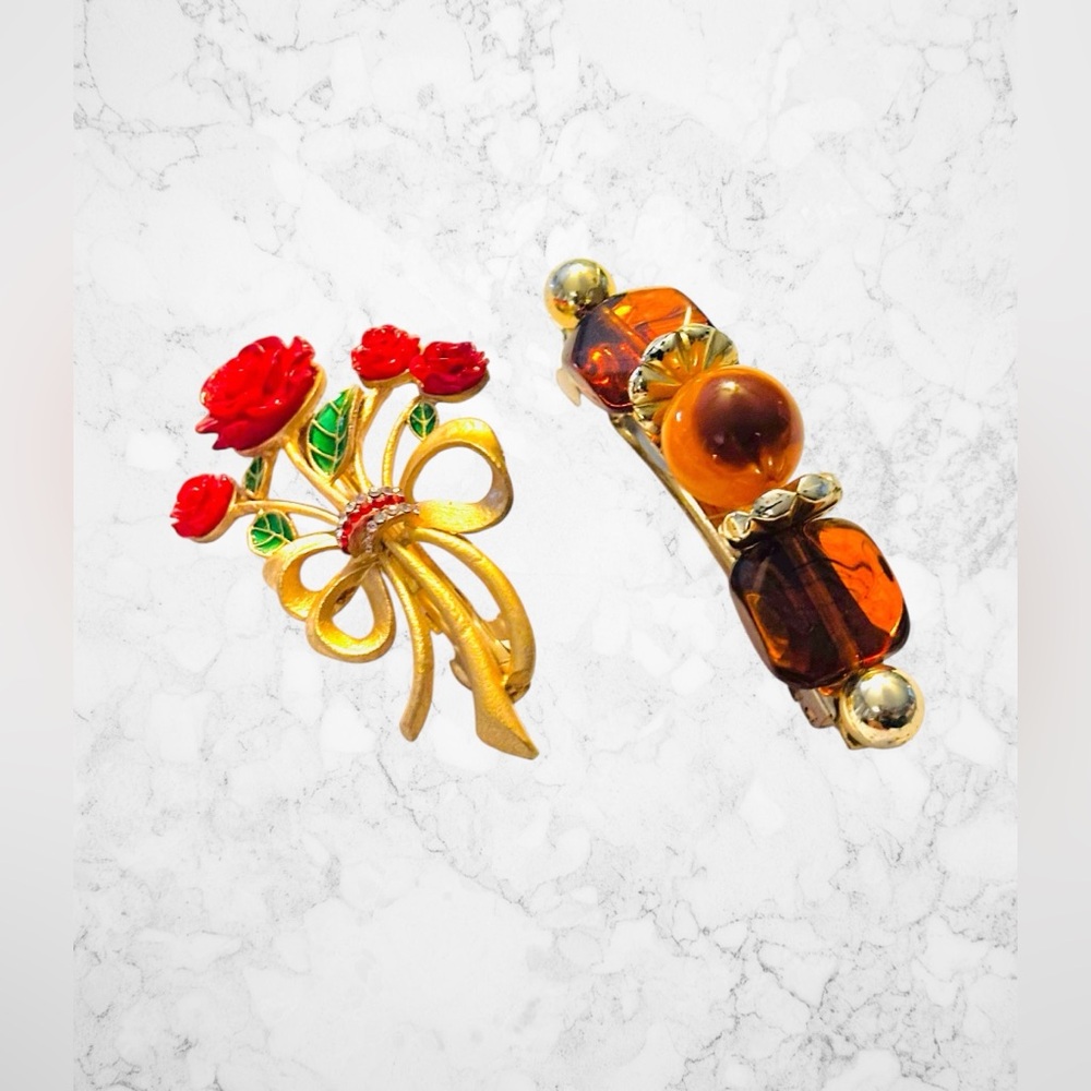 Gold-Tone Red Rose Bouquet and Amber Stone Barrette set